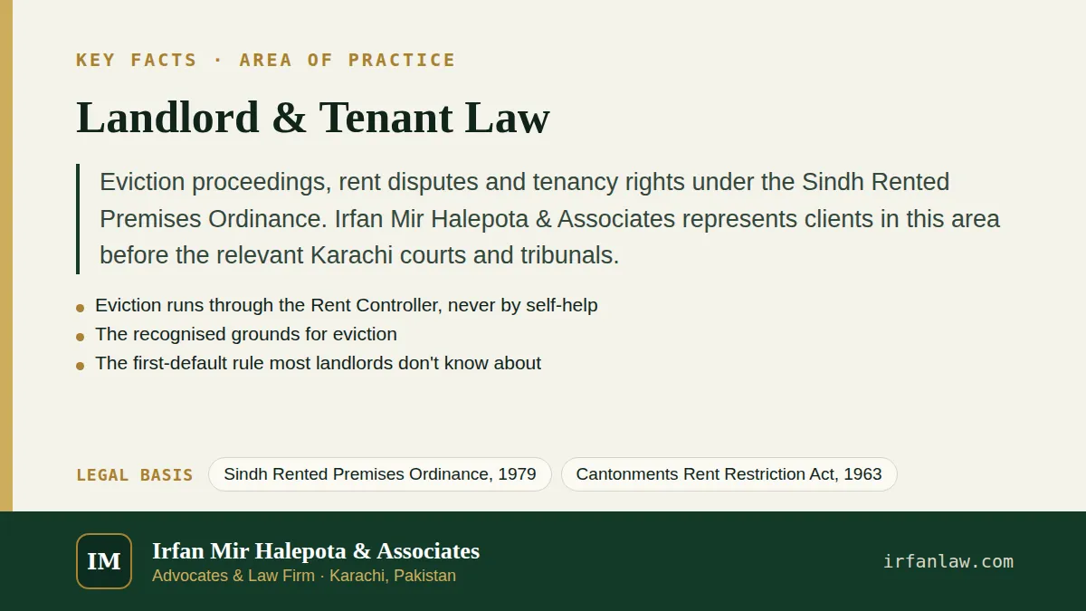 Key facts on Landlord & Tenant Law: Eviction proceedings, rent disputes and tenancy rights under the Sindh Rented Premises Ordinance.