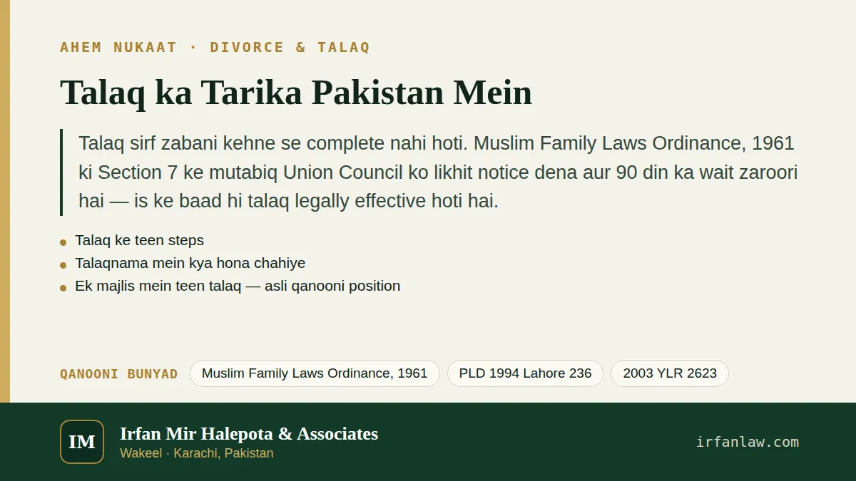 Talaq ka Tarika Pakistan Mein: ahem nukaat ka khulasa, qanooni bunyad Muslim Family Laws Ordinance, 1961