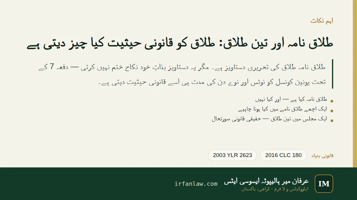 طلاق نامہ اور تین طلاق: اہم نکات کا خلاصہ، بحوالہ 2016 CLC 180