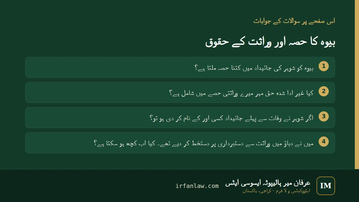 بیوہ کا حصہ اور وراثت کے حقوق: 4 عام سوالات کے جوابات، مثلاً “بیوہ کو شوہر کی جائیداد میں کتنا حصہ ملتا ہے؟”