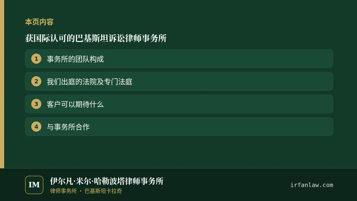 获国际认可的巴基斯坦诉讼律师事务所:本页内容——事务所的团队构成;我们出庭的法院及专门法庭;客户可以期待什么