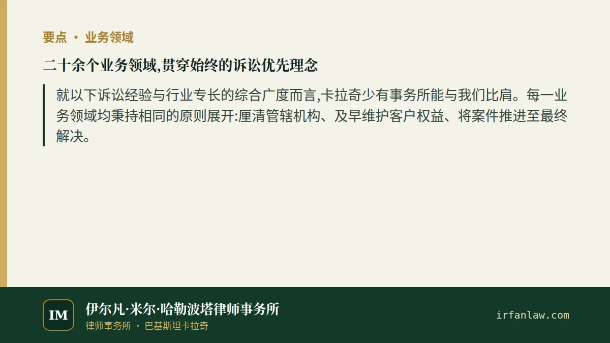二十余个业务领域,贯穿始终的诉讼优先理念要点:就以下诉讼经验与行业专长的综合广度而言,卡拉奇少有事务所能与我们比肩。每一业务领域均秉持相同的原则展开:厘清管辖机构、及早维护客户权益、将案件推进至最终解决。