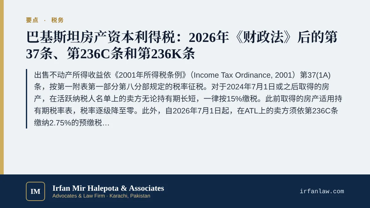 巴基斯坦房产资本利得税指南(2026-27)要点:出售不动产所得收益依《2001年所得税条例》(Income Tax Ordinance, 2001)第37(1A)条,按第一附表第一部分第八分部规定的税率征税。对于2024年7月1日或之后取得的房产,在活跃纳税人名单上的卖方无论持有期长短,一律按15%缴税。此前取得的房产适用持有期税率表,税率逐级降至零。此外,自2026年7月1日起,在ATL上的卖方须依第236C条缴纳2.75%的预缴税