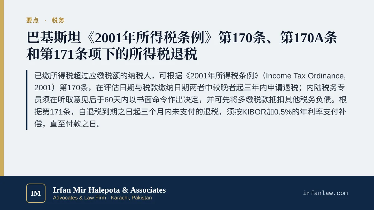 巴基斯坦所得税退税:第170、170A和171条要点:已缴所得税超过应缴税额的纳税人,可根据《2001年所得税条例》(Income Tax Ordinance, 2001)第170条,在评估日期与税款缴纳日期两者中较晚者起三年内申请退税;内陆税务专员须在听取意见后于60天内以书面命令作出决定,并可先将多缴税款抵扣其他税务负债。根据第171条,自退税到期之日起三个月内未支付的退税,须按KIBOR加0.5%的年利率支付补偿,直至付款之日。