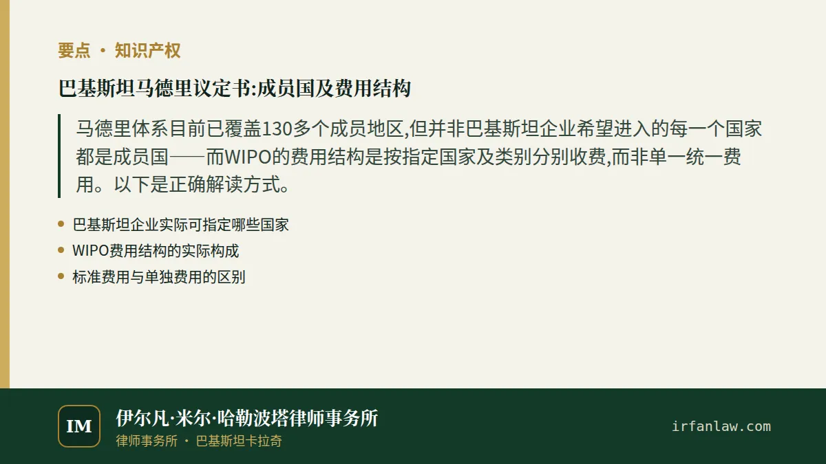 巴基斯坦马德里议定书:成员国及费用结构要点:马德里体系目前已覆盖130多个成员地区,但并非巴基斯坦企业希望进入的每一个国家都是成员国——而WIPO的费用结构是按指定国家及类别分别收费,而非单一统一费用。以下是正确解读方式。