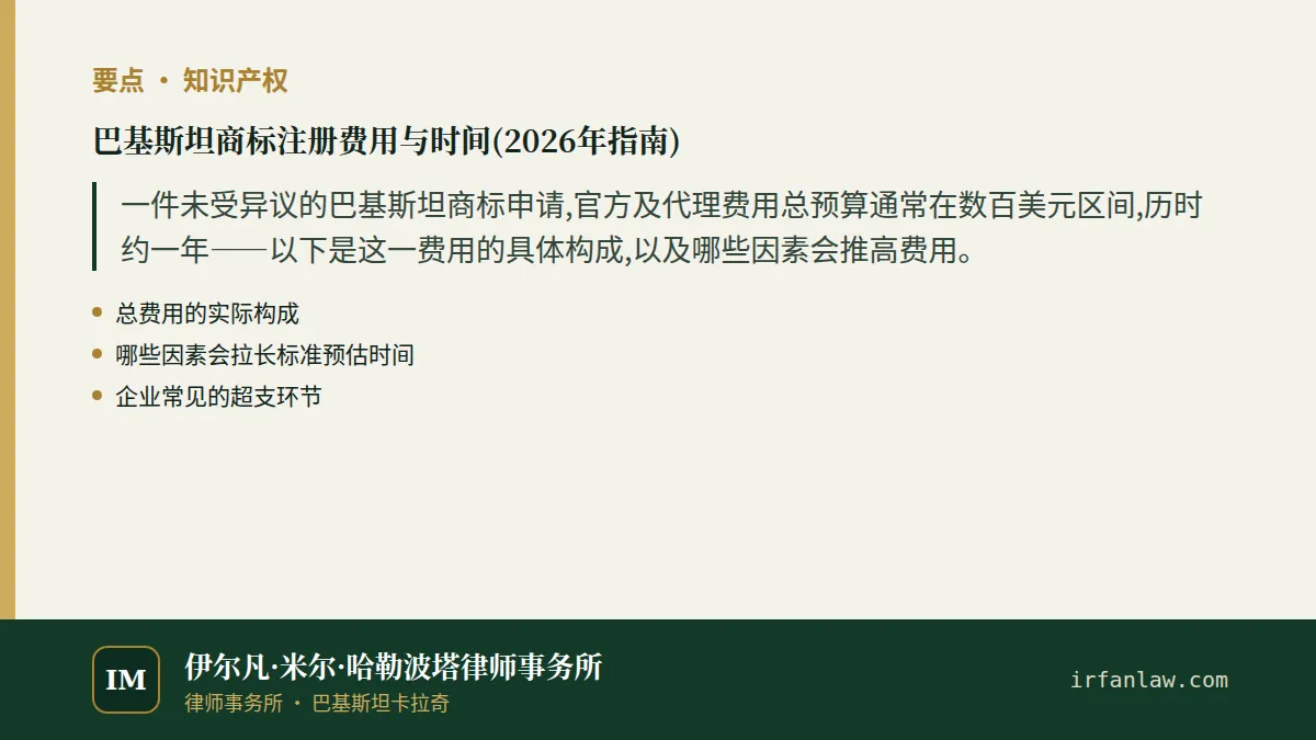 巴基斯坦商标注册费用与时间(2026年指南)要点：一件未受异议的巴基斯坦商标申请,官方及代理费用总预算通常在数百美元区间,历时约一年——以下是这一费用的具体构成,以及哪些因素会推高费用。