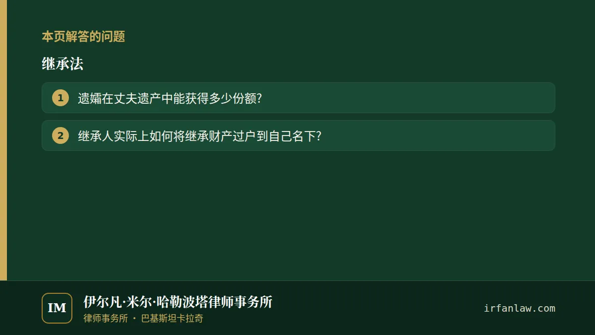 继承法：本页解答的问题——遗孀在丈夫遗产中能获得多少份额?；继承人实际上如何将继承财产过户到自己名下?